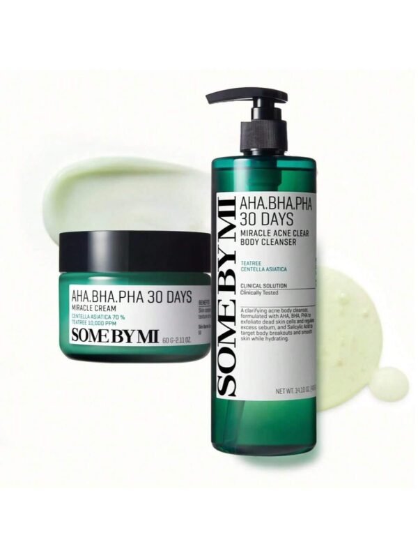 AHA BHA PHA Body Wash & Face Cream Set (400ml+60ml) - Korean Exfoliating Acne Care with Tea Tree & Salicylic Acid - Deep Cleanses Pores, Soothes Skin & Controls Sebum - For Face and Body