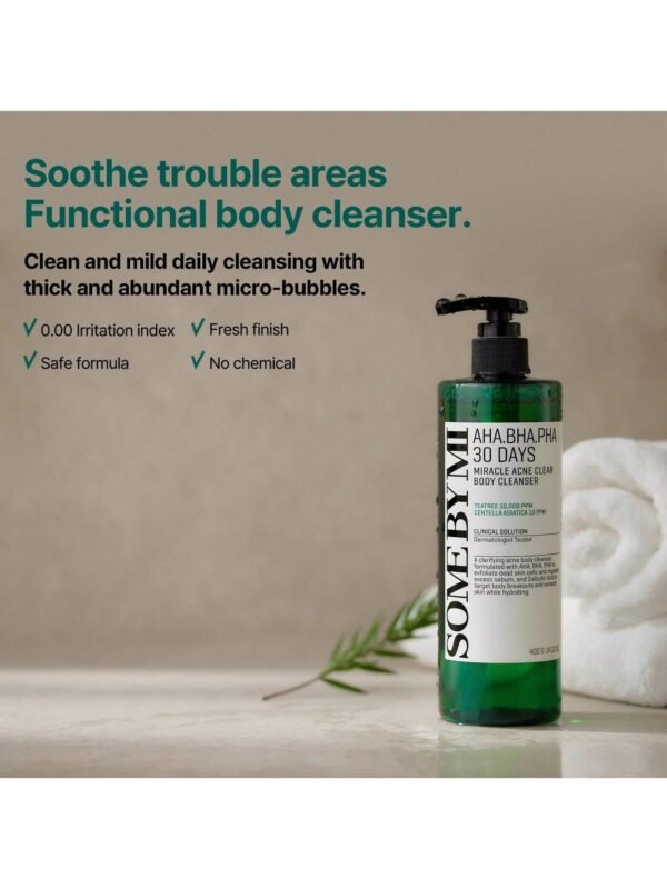 AHA BHA PHA 30 Days Miracle Acne Clear Body Cleanser - 13.5oz, 400ml - Daily Exfoliating Tea Tree Acne Body Wash with Salicylic Acid - Deep Cleanses Sebum and Impurities - Korean Skin Care