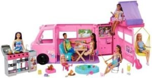 Barbie Dream Camper New for 2025 Playset with Roof Tent, Swing Chair, Fishing Pond, BBQ Grill with Color-Change Feature & 60+ Accessories Including Dough