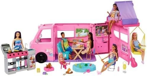 Barbie Dream Camper New for 2025 Playset with Roof Tent, Swing Chair, Fishing Pond, BBQ Grill with Color-Change Feature & 60+ Accessories Including Dough