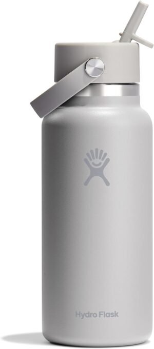 Hydro Flask Water Bottle - Insulated Stainless Steel - Wide Mouth Flex Straw Lid, Non Spill, Leakproof and Refillable in 32 Oz Beachplum