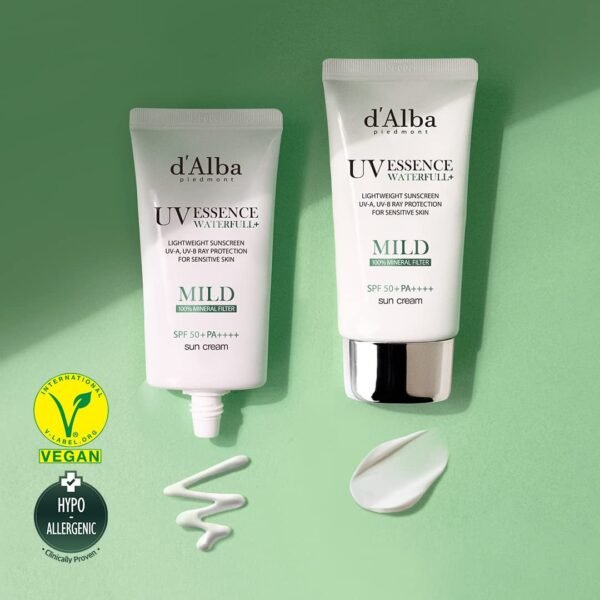 d'alba Piedmont Italian White Truffle Waterfull Mild Sunscreen, Vegan, Mineral Sunscreen, BROAD SPECTRUM SPF 50+ Non-Nano Suitable for Sensitive Skin, Korean Skin Care (1.69 fl. oz)