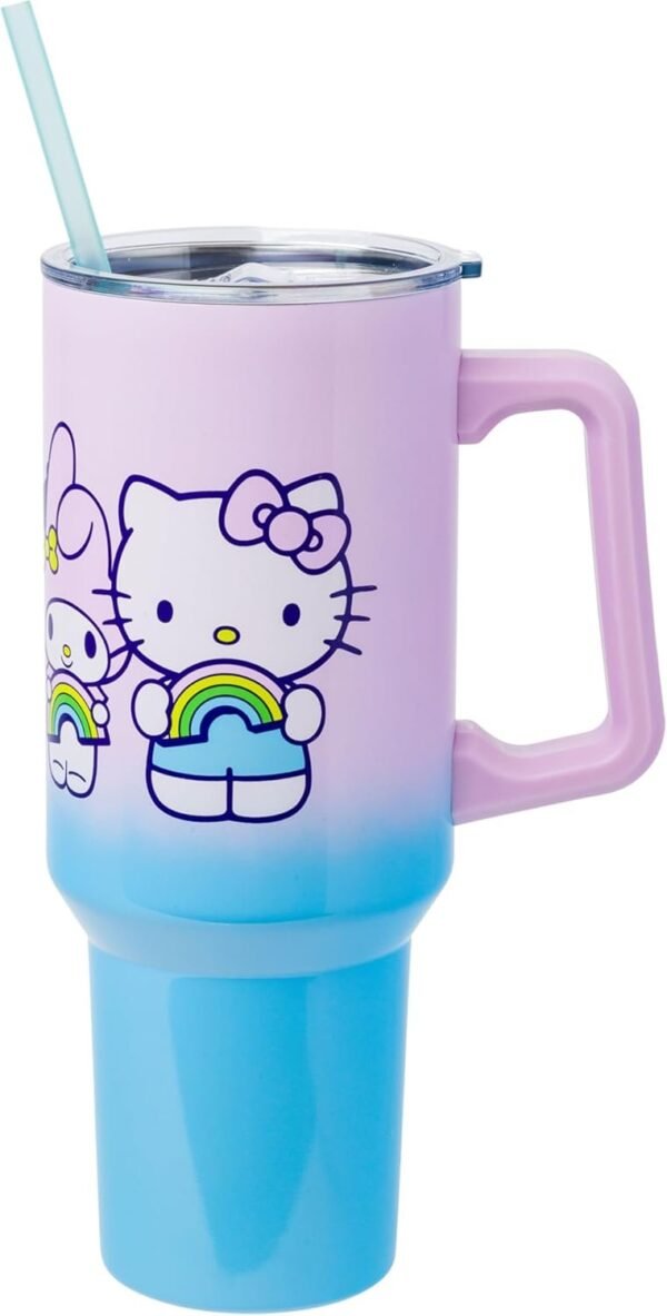 Sanrio Hello Kitty and Friends Featuring My Melody, Kuromi, Pompompurin Rainbow Ombre Double Walled Stainless Steel Tumbler with Handle and Straw, Fits in Standard Cup Holder, 40 Ounces