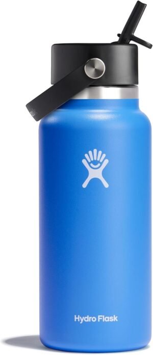 Hydro Flask Water Bottle - Insulated Stainless Steel - Wide Mouth Flex Straw Lid, Non Spill, Leakproof and Refillable in 32 Oz Beachplum