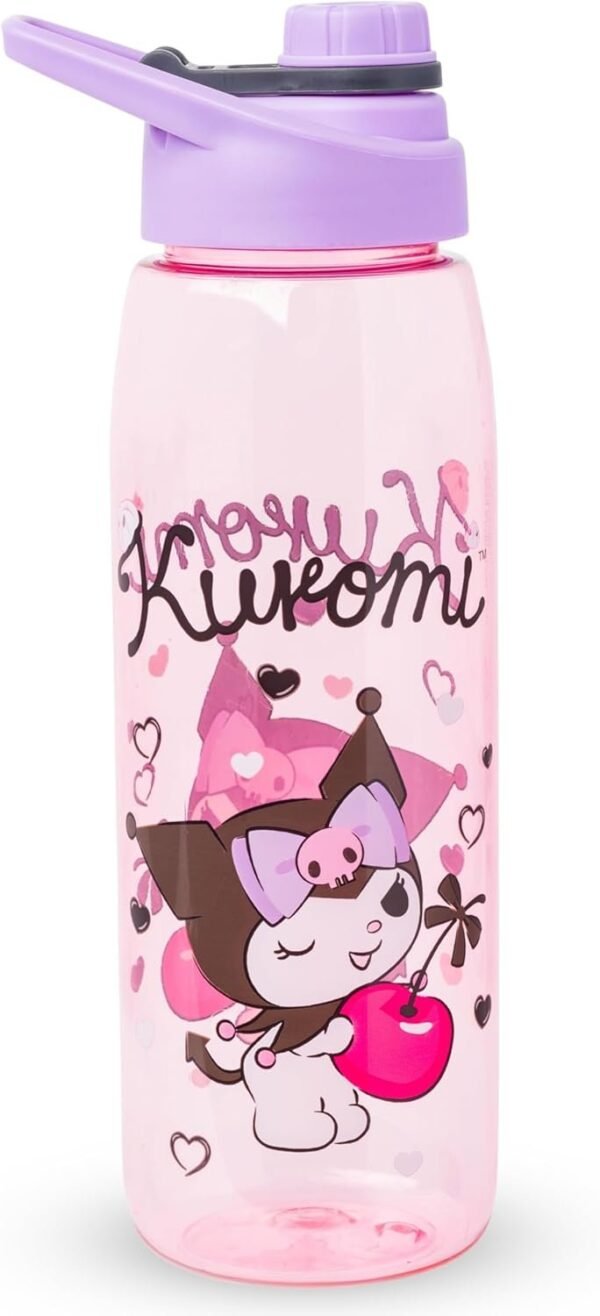 Sanrio Hello Kitty and Friends Kuromi Cherry Hearts Water Bottle with Screw-On Lid, 28 Ounces