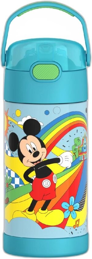 Disney Water Bottle with Straw - 12 Ounce - Kids Stainless Steel Vacuum Insulated Water Bottle with Lid, Mickey Mouse