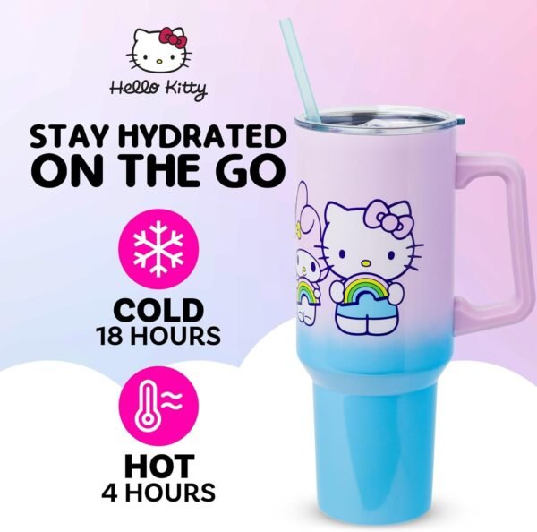 Sanrio Hello Kitty and Friends Featuring My Melody, Kuromi, Pompompurin Rainbow Ombre Double Walled Stainless Steel Tumbler with Handle and Straw, Fits in Standard Cup Holder, 40 Ounces