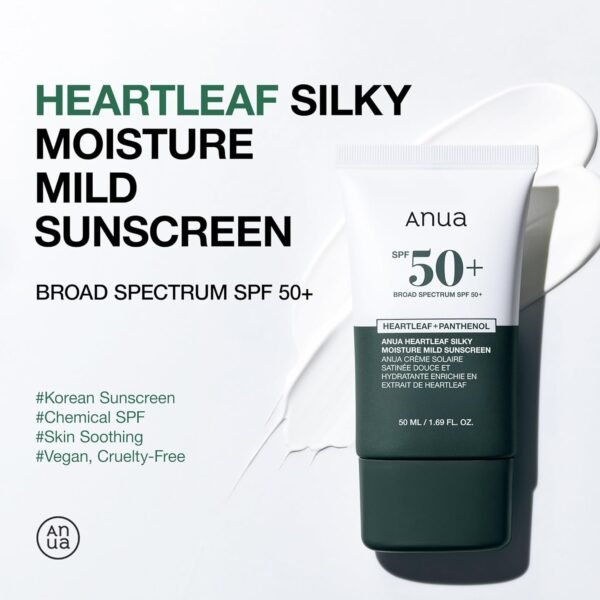 Anua Heartleaf Silky Moisture Mild Sunscreen, Broad Spectrum SPF 50+ with Moisturizing Formula, Lightweight Korean Sunscreen, Natural finish, Vegan, korean skin care 50ml / 1.69 fl. oz.