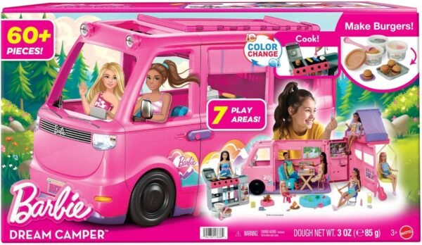 Barbie Dream Camper New for 2025 Playset with Roof Tent, Swing Chair, Fishing Pond, BBQ Grill with Color-Change Feature & 60+ Accessories Including Dough