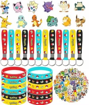 POKEMON 86PCS For Cute Birthday Party decorations Set Included 12 Bracelets, 12 Acrylic Pins, 12 Keychains, 50 Stickers, for Boys and Girls Cartoon Theme Party