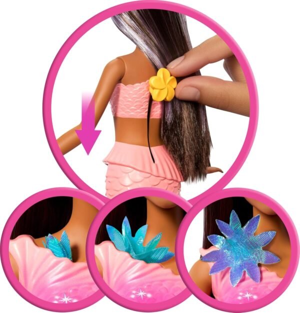 Barbie Mermaid Toy Dolls with Surprise Magic Blooming Flowers Feature, Ombre Tails, Pearl Headband Accessory & Long Brown Hair with Purple Highlights