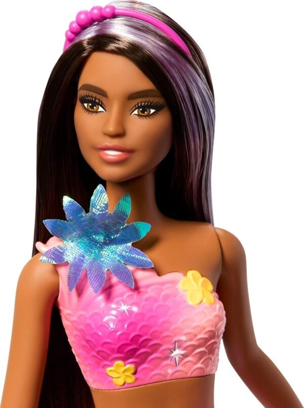 Barbie Mermaid Toy Dolls with Surprise Magic Blooming Flowers Feature, Ombre Tails, Pearl Headband Accessory & Long Brown Hair with Purple Highlights
