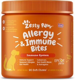 Zesty Paws Dog Allergy Relief Chews, Dog Probiotics for Itchy Skin and Ears, Lamb, 90ct