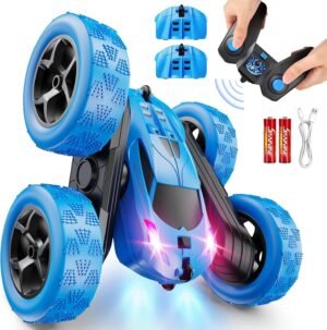 QUNREDA Remote Control Car, RC Cars Toys for Kids Ages 6-12, 4WD Stunt Car with LED Lights & 360° Flips, 2.4GHz