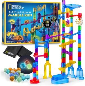 NATIONAL GEOGRAPHIC Glowing Marble Run – Construction Set with 15 Glow in The Dark Glass Marbles & Storage Bag