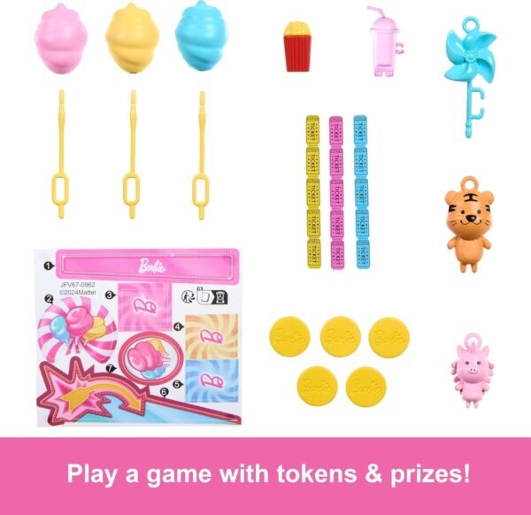 Barbie Mysteries: Beach Detectives Malibu” Doll & Cotton Candy Game Booth Playset with 20 Accessories Including Prizes