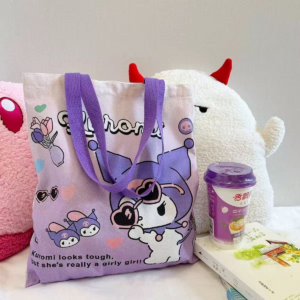 Sanrio Kuromi Cute Anime Tote Bag - Pastel Purple & Pink Floral Design with Kuromi & Kitty, Lightweight Open-Top School Backpack for, Halloween, Christmas, Birthday Gift, Valentine'S Day